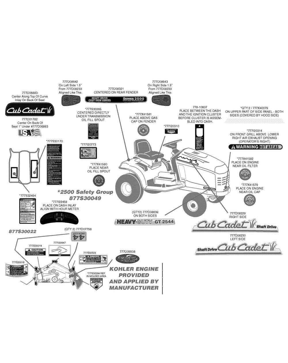 Label Map Diagram and Parts List for GT2544 K015-Before-13A2D7L710 Cub Cadet Lawn Tractor